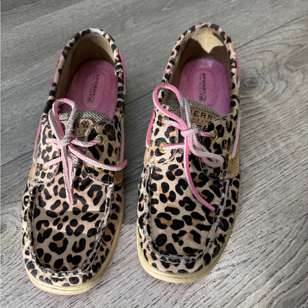 Sperry Leopard Print Boat Shoes with Pink Trim